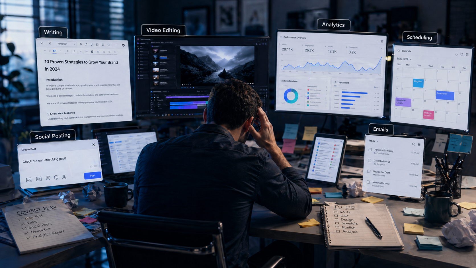 Three audience panels: Business Owners, Creators, and Agencies — each with their own dashboard view