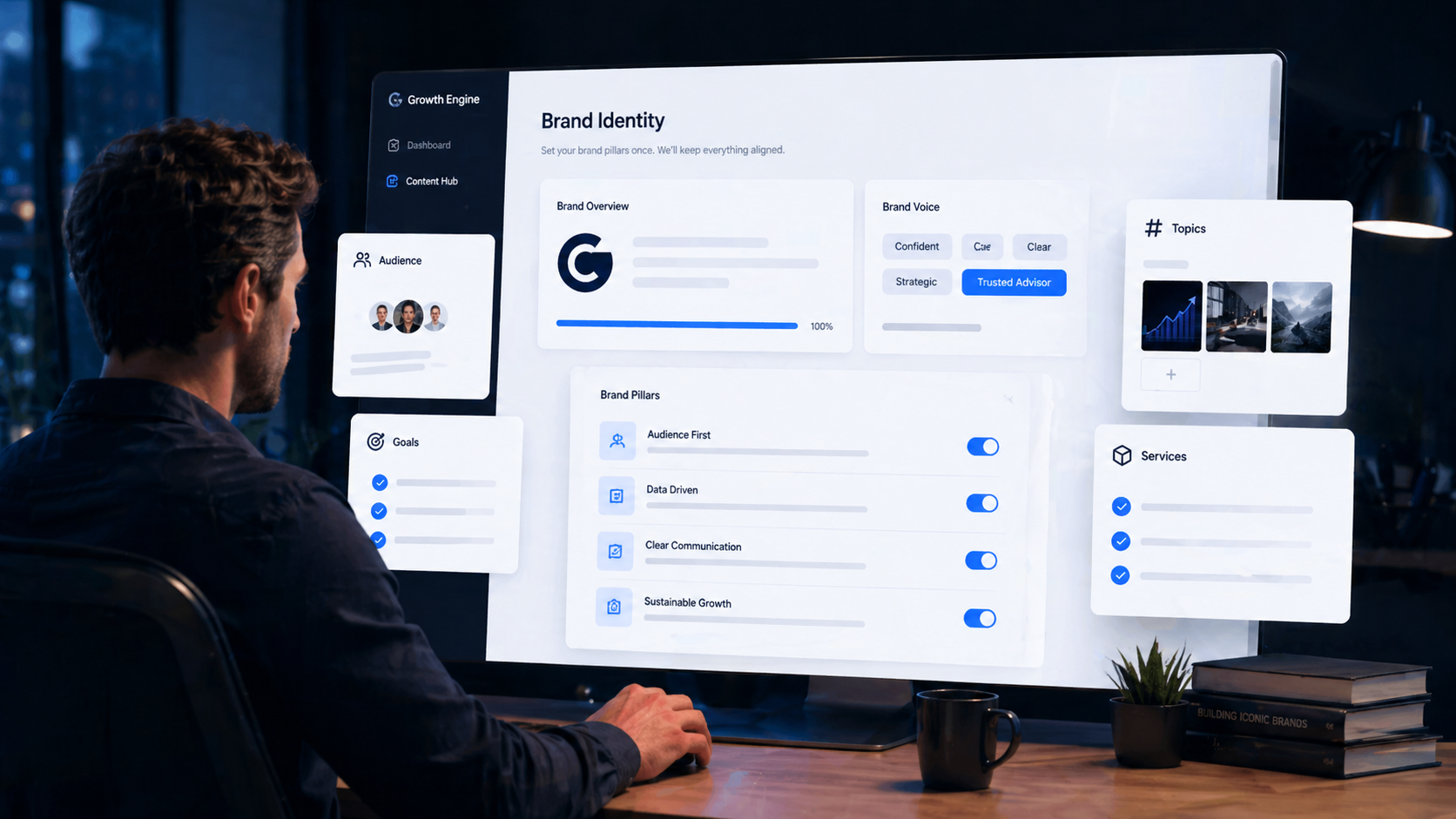 AI assistant setting up brand profile with website scan and brand identity fields