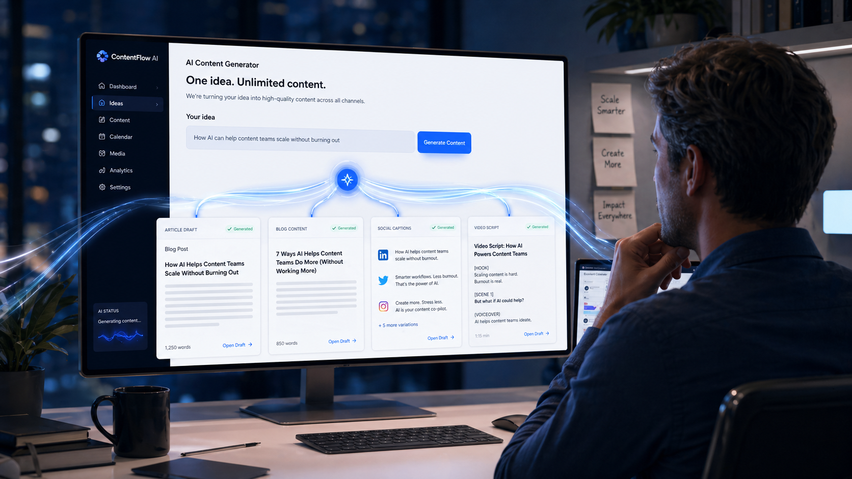 Content idea flowing into article, script, AI voice, and subtitles to produce a final video