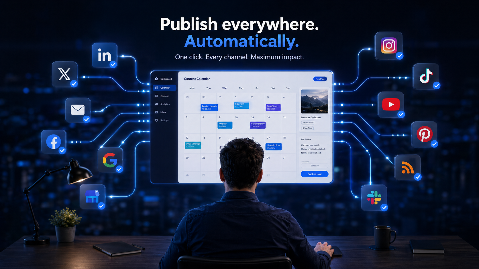 Autopilot toggle with content calendar showing scheduled posts across social channels
